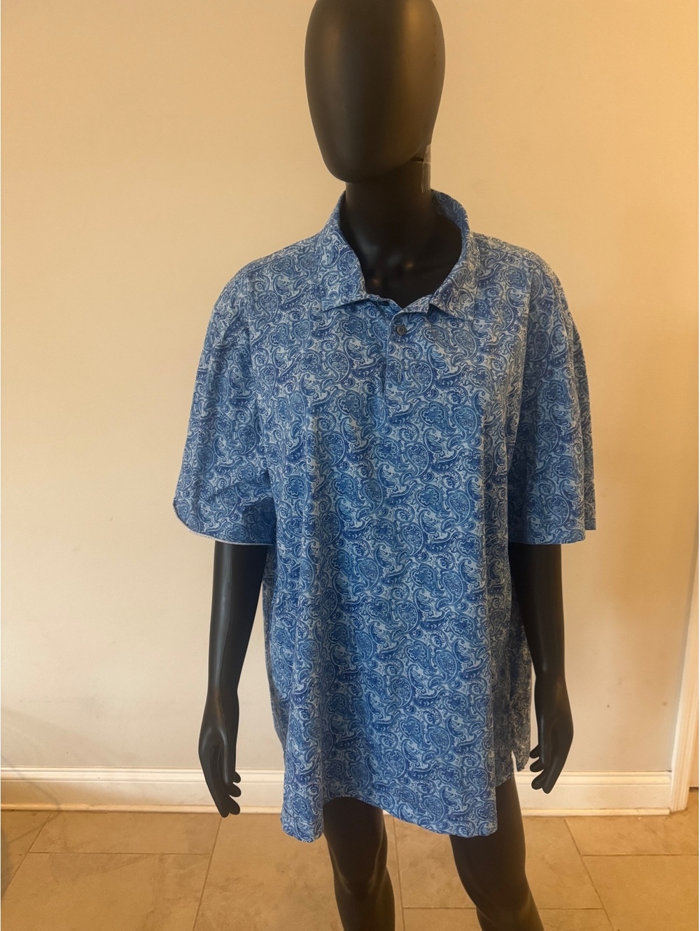 Bugatchi OoohCotton Tech Blue Paisley Polo Shirt Men's 8-Way Stretch Untagged